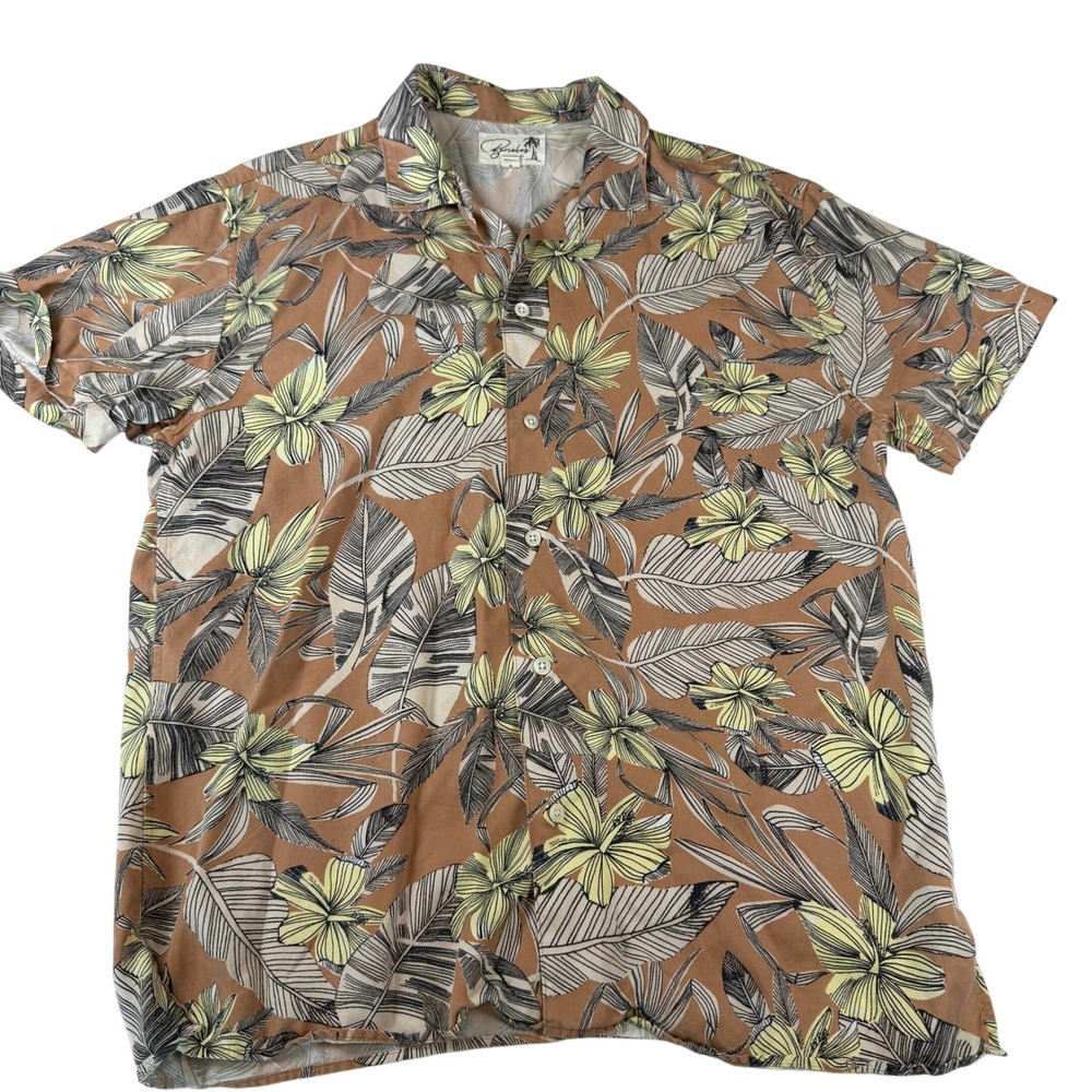 Bonobos Mens Medium Brown Tropical Floral Tencel Short Sleeve Button Down Shirt